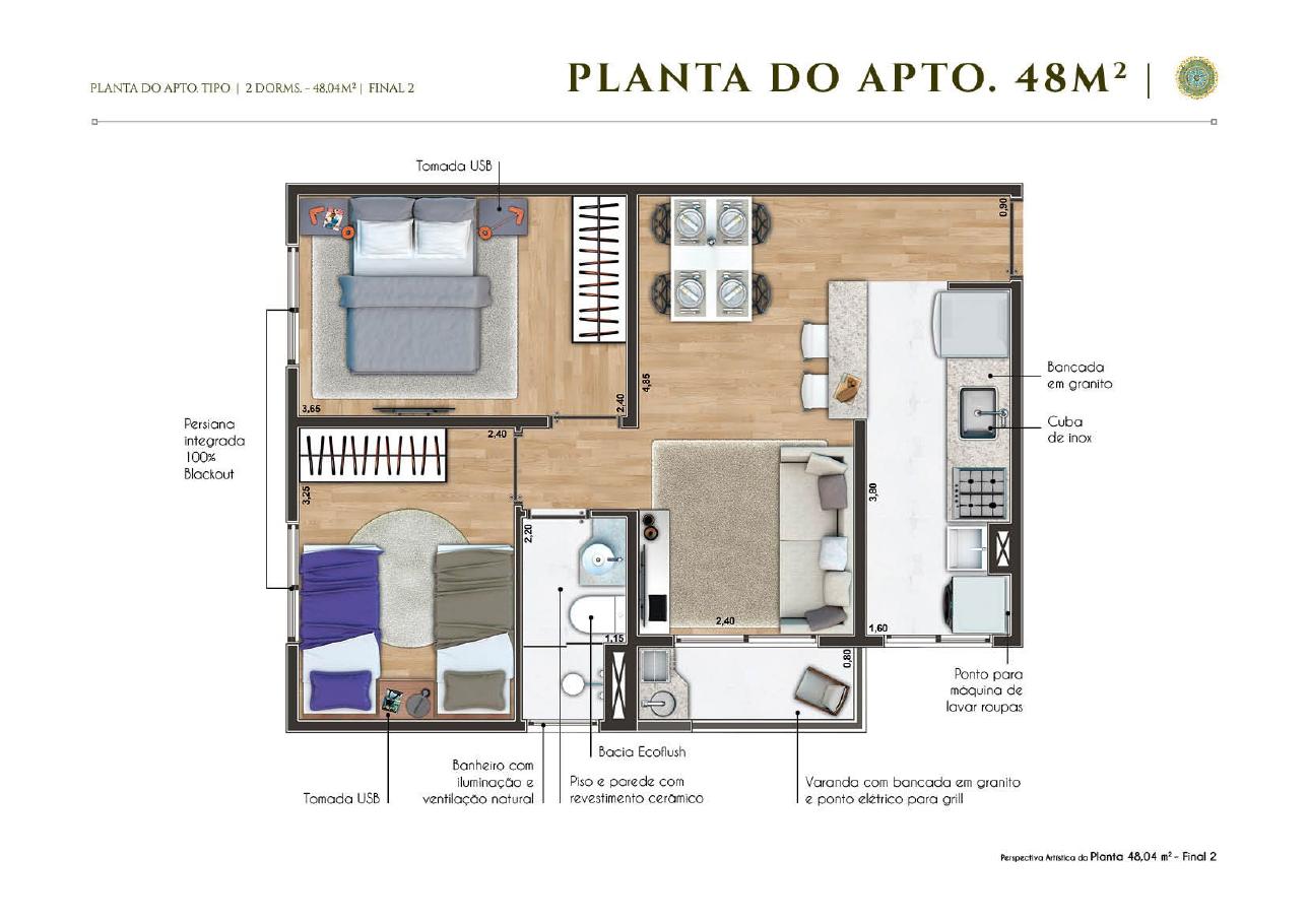 Planta do apto. tipo — 2 dorms. · 48,04 m² · Final 2